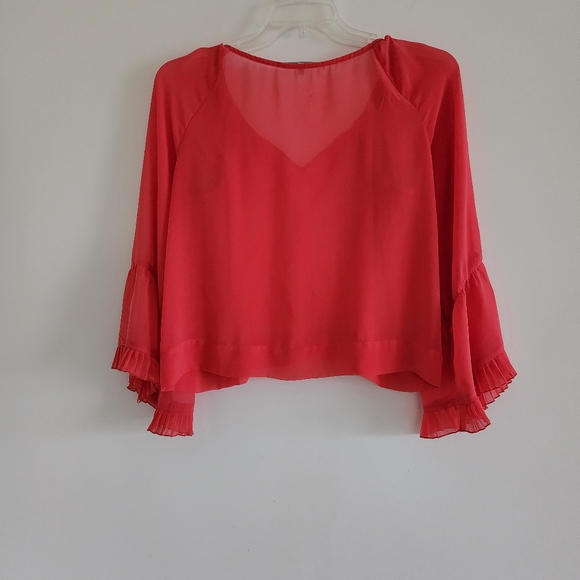 Wendy Katlen Sheer Orange Blouse With Flared Ruffled Sleeves Size Medium - Picture 9 of 11
